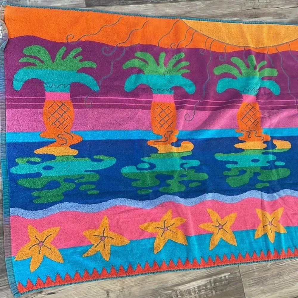 Vintage Royal Terry Tropical Pineapple Palm  Beach Pool Towel 58x28 Rainbow